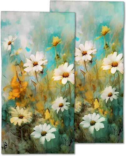 Miniatura 11 de Juego de 2 toallas de mano verde azulado y gris, pintura de arte abstracto, toallas de cocina con punta de los dedos, 28 x 14 pulgadas, paño suave