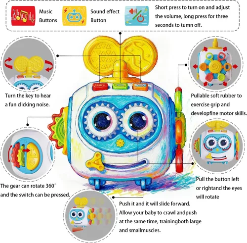 Miniatura 6 de MoraBaby Cubo musical de robot para niños pequeños de 1 a 3 años, cubo de actividades Montessori 6 en 1 con luces y sonidos, ruedas para el tiempo