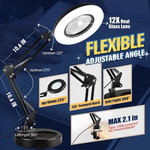 Miniatura 6 de 12 lupas con luz y soporte, 144 LED más brillantes, 10 brillo regulable, 5 modos de color, lámpara de escritorio de metal manos libres para lectura