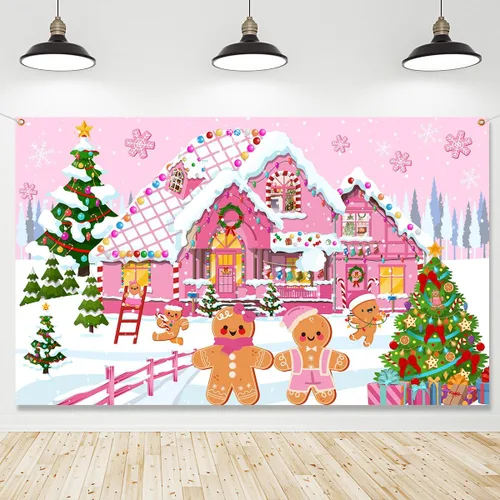 Decoración de fondo navideño de pan de jengibre - Suministros festivos rosados alegres, accesorios de fotos de Candyland para decoración de letrero