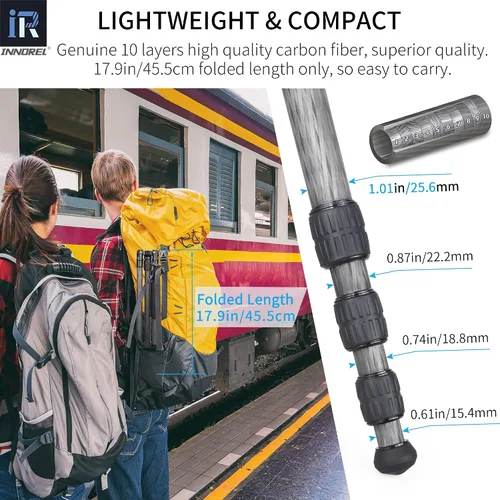 Miniatura 5 de Trípode INNOREL RT45C portátil de fibra de carbono de 10 capas sin cabeza esférica, trípode compacto y ligero para cámara DSLR, videocámara de video