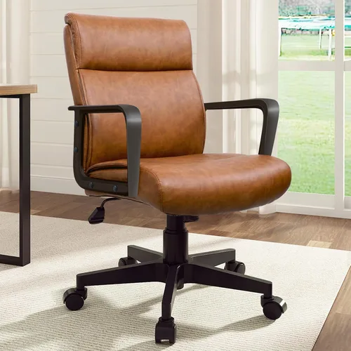 Artswish Silla de oficina de cuero marrón, silla ergonómica de computadora con brazos de ruedas, silla de trabajo ajustable giratoria de 360° con