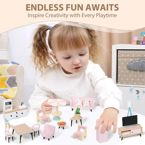 Miniatura 5 de Juego de muebles de madera para casa de muñecas Pithfor, accesorios y muebles para casa de muñecas, con 7 habitaciones, 3 muñecas, incluye juego