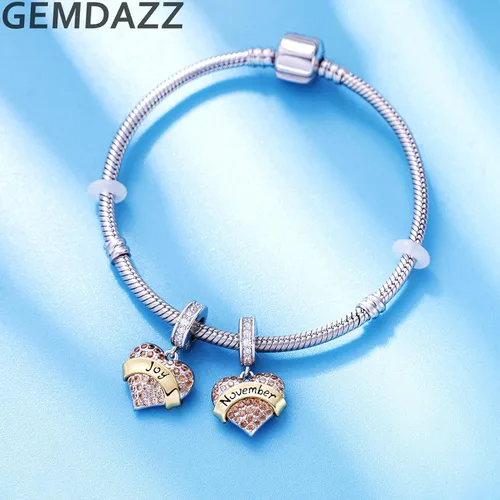 Miniatura 3 de GEMDAZZ Abalorios de plata de ley 925 de 2 tonos para cumpleaños del mes de enero a diciembre, cuentas colgantes de corazón transparentes