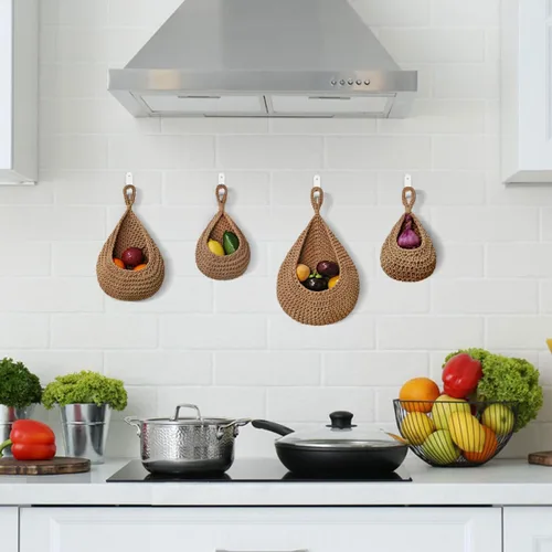 Miniatura 6 de Paquete de 4 cestas colgantes de frutas para cocina, cesta bohemia para colgar en la pared con 8 ganchos fuertes, cesta colgante 100% tejida a mano