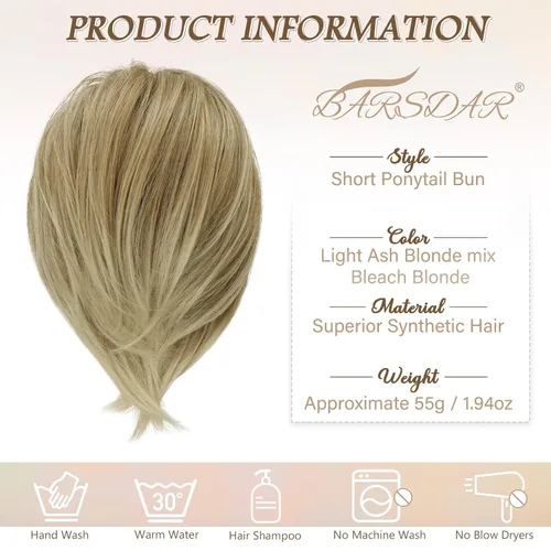 Miniatura 4 de BARSDAR Extensiones de Moño de Cabello Liso - Extensiones de Moño de Cola de Caballo Rubia de Cabello Liso Corto para Mujeres, Coleteros de Moño