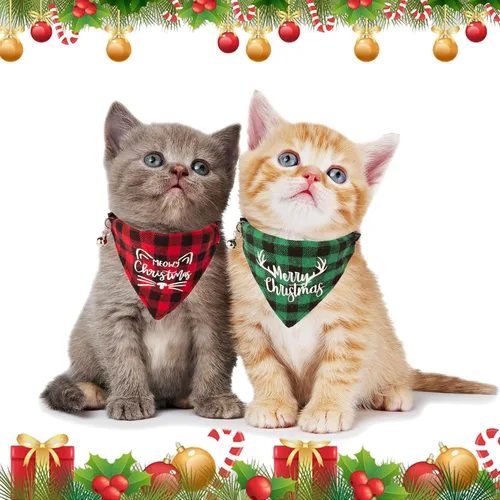 Miniatura 2 de ADOGGYGO - Collares de Navidad para gatos con campana, desmontables, paquete de 2, collares ajustables de Navidad a cuadros rojo y verde para gatos