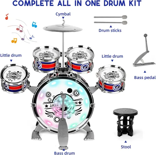 Miniatura 5 de Juego de batería para niños pequeños de 1 a 3 años, 5 piezas de tambor de jazz con taburete y platillo, instrumentos musicales iluminados, juguetes