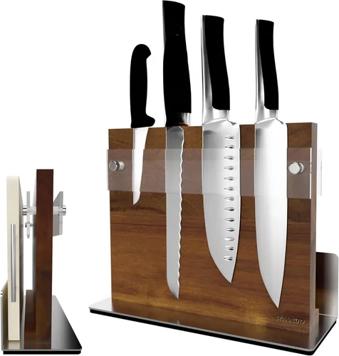 Brosisincorp Soporte de Bloque Magnético para Cuchillos de Madera de Acacia con Escudo Acrílico Engrosado - Soporte Magnético Potente de Doble Cara