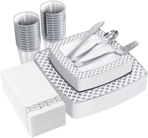 Miniatura 11 de FOCUSLINE Juego de vajilla dorada de 175 piezas para 25 invitados - Platos cuadrados de plástico con borde de diamante, incluye 25 platos Placas