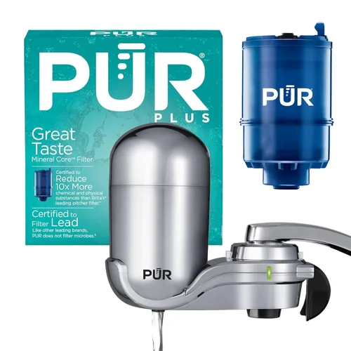 PUR PLUS - Sistema de filtración de agua para montaje en grifo vertical, filtro reductor de plomo, agua de gran sabor, fácil de instalar, dura 100