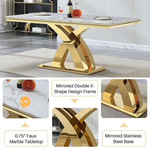 Miniatura 5 de Juego de mesa de comedor de 7 piezas con sillas, mesa de comedor de mármol sintético y sillas beige para 6, juego de mesa de comedor de oro blanco