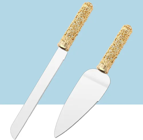 Miniatura 10 de Juego de cuchillo y servidor de plata para boda, juego de 2 piezas de postre con mango de metal con piedras de cristal para decoración de bodas