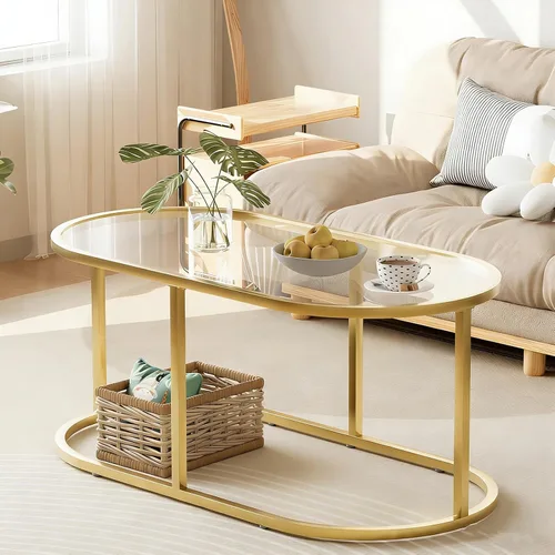 Mesa de centro de cristal dorado Mesas de centro para sala de estar, Mesa ovalada Mesa central con marco de metal resistente, Mesas decorativas