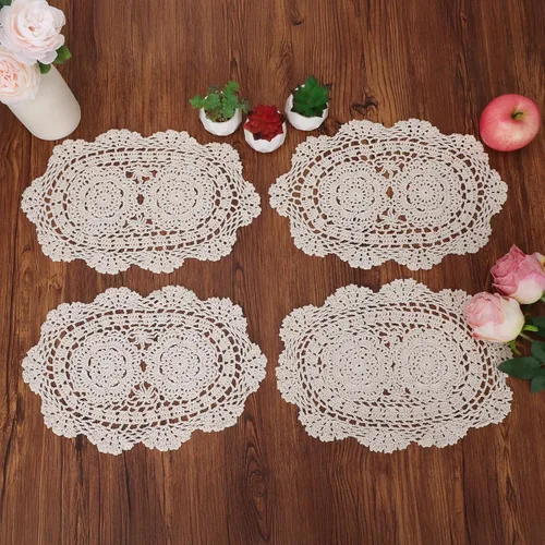 kilofly Manteles individuales de encaje de algodón de ganchillo, 4 unidades, ovalados, beige, 9 x 13 pulgadas
