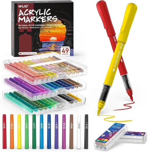WUO Marcadores de pintura acrílica de 36 colores con 12 cartuchos de tinta reemplazables adicionales, punta de pincel de control automático de tinta