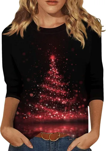 Miniatura 58 de Camisetas de manga 3/4 para mujer, cuello redondo, holgadas, casuales, con estampado floral, camisetas de moda para el trabajo de negocios