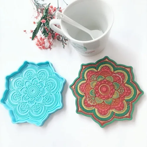 Miniatura 5 de AGCFABS 1 molde de resina para posavasos de flores de mandala, moldes de silicona de diseño 3D para hacer bandejas de posavasos redondos, tapete
