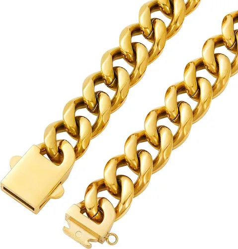 Miniatura 8 de SUNEW Collar para caminar con diseño de placa de identificación de perro con hebilla segura, collar de cadena de eslabones cubanos resistente a