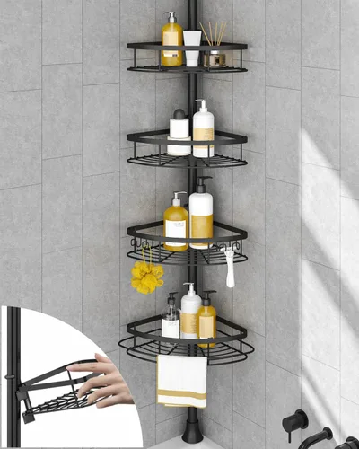 SEIRIONE Estante de Ducha Esquinero con Barra de Tensión, Organizador de Ducha de Baño a Prueba de Óxido, Estante de Baño Ajustable de 4 Niveles,