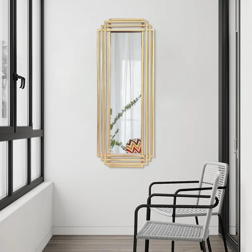 Miniatura 7 de Espejo de marco de metal geométrico, espejo de pared Art Deco moderno de 42 x 16 pulgadas, espejos decorativos rectangulares dorados para baño