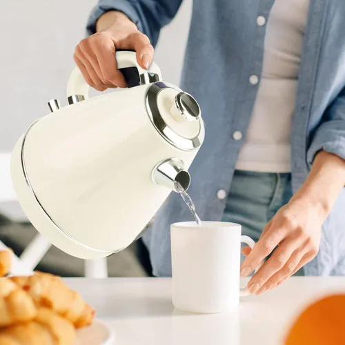 Miniatura 7 de Hervidor eléctrico de 1,7 litros, estilo retro, para encimera de cocina, café, té, agua caliente, doble pared, acero inoxidable 304, sin BPA