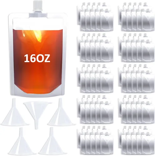 Miniatura 13 de 100 bolsas de bebida de 8 onzas, botella de plástico reutilizable con embudo para beber jugo de bebidas líquidas, bolsas de bebidas de pie para 8OZ