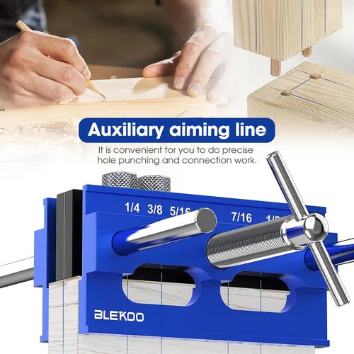 Miniatura 6 de BLEKOO Kit de plantilla de clavija de centrado automático de 6.7 pulgadas, plantilla de taladro para agujeros rectos, juego de carpintero de Azul