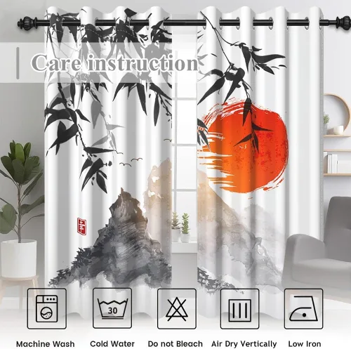 Miniatura 117 de Cortinas japonesas con pintura de tinta, monte Fuji, sol rojo, puesta de sol, hojas de bambú, cortinas de ventana para dormitorio, sala de estar