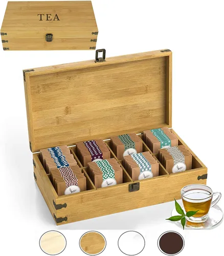 Miniatura 20 de Caja Organizadora de Té de Bambú Libre de Químicos Ecológica Grande, Alta, Compartimentos Ajustables Cofre de Almacenamiento de Madera Natural