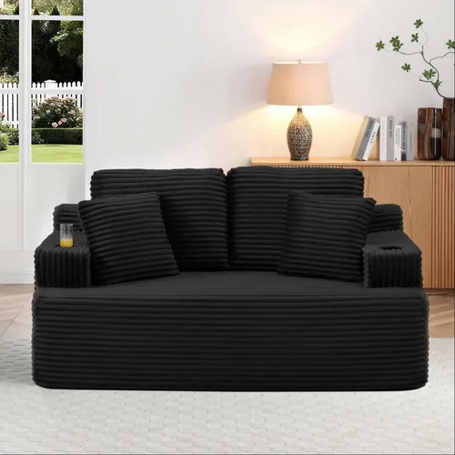 Miniatura 15 de Sofá sin hueso de 66.5 pulgadas con portavasos y bolsillos laterales, sofá biplaza tapizado de tela de pana moderna con 2 almohadas para sala