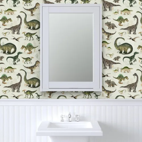 Miniatura 9 de Spoonflower Papel tapiz para despegar y pegar - Dinosaurios grandes Verde Niños Gris Animales Niños Ilustración Dino Papel pintado extraíble