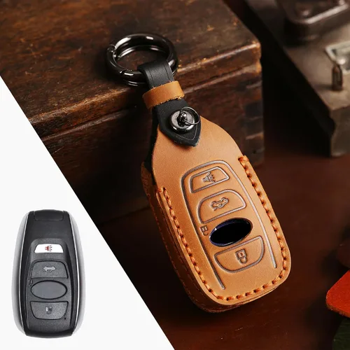 OLLEN Funda para llavero de cuero genuino sin tornillos, apta para Subaru Forester Outback BRZ WRX STI Legacy Ascent CrossTrek Impreza, etc., Marrón