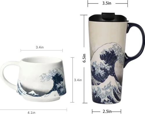 Miniatura 9 de Taza de cerámica de viaje de Voltugar con tapa y asa para el hogar y la oficina, taza de té alta de porcelana con diseño de olas y caja