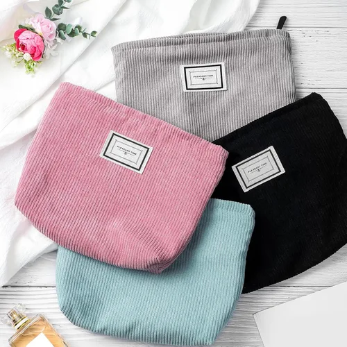 Miniatura 5 de Sanwuta Paquete de 4 bolsas de terciopelo para maquillaje, bolsa de cosméticos para mujer, bolsa de pana de gran capacidad, con cremallera, de lona