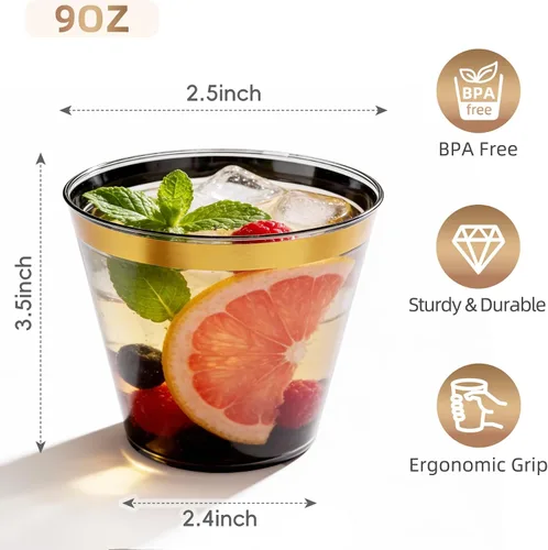 Miniatura 2 de N9R 100 vasos de plástico negros y dorados de 9 onzas, vasos desechables transparentes con borde dorado, vasos de cóctel resistentes para fiestas