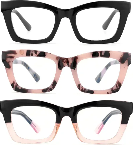 Miniatura 2 de Paquete de 3 anteojos de lectura estilo Oprah con bisagra de resorte, bloqueo de luz azul, cuadrados para computadora para mujeres y hombres