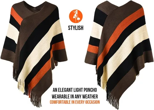 Miniatura 3 de Suéter tipo poncho a rayas para mujer, estilo casual, chal con flecos versátiles