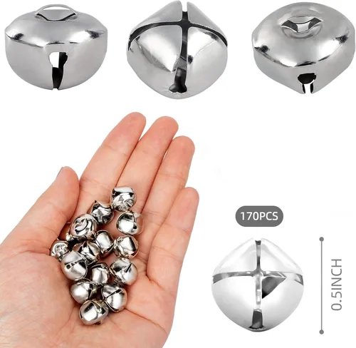 Miniatura 2 de MCPINKY 170 cascabeles, mini campanas para manualidades, para decoraciones de regalos, bolsas de regalo de bricolaje, 0.5 pulgadas, color plateado