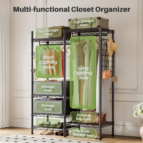 Miniatura 8 de HOKEEPER Perchero de ropa resistente para colgar ropa, cargas de 1200 libras, armarios portátiles ajustable con cajones desmontables, tablero