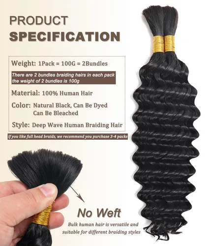 Miniatura 2 de Cabello humano a granel para trenzar, paquetes de cabello humano rizado 12A para mujeres negras, 16 pulgadas, onda profunda, sin trama, trenzas