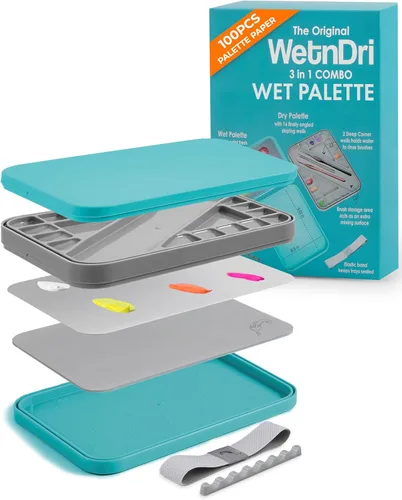WetNDri Paleta húmeda para pintura en miniatura. Paleta húmeda para pinturas acrílicas, kit de iniciación de 100 hojas y 2 esponjas