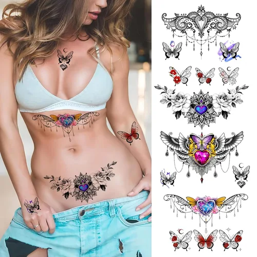 Miniatura 4 de ROARHOWL Tatuaje Temporal Sexy para Mujeres Juego de Tatuajes Sexys Hermosos Exquisitos Flores Realistas en 3D, Mariposa, Abdomen, Pecho, Cintura