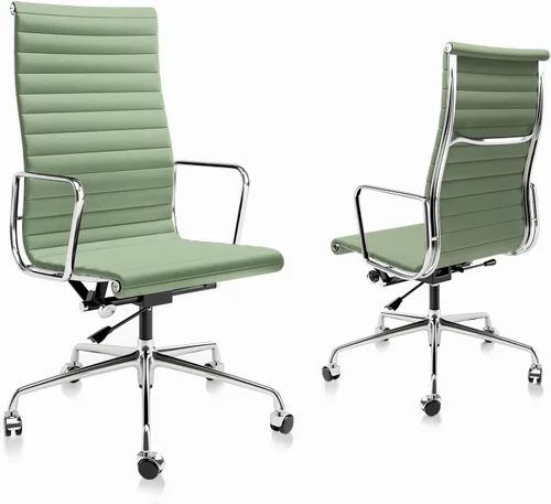 Silla de oficina acanalada con cuero de grano superior, silla de escritorio ergonómica de respaldo alto con reposabrazos de aluminio y base de 5