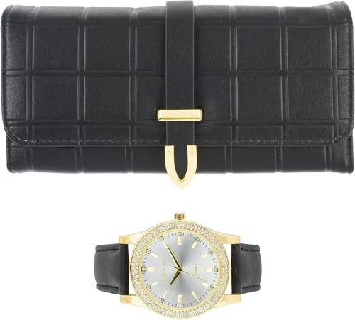Gino Milano Elegant Women's Leather Band Watch & Matching Tri-Fold Wallet Set - Stylish Gold Watch with Leather Clutch - Perfect Wallet Set for