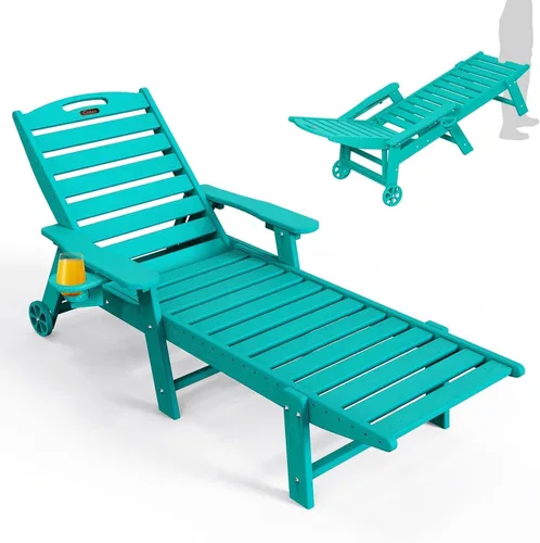 Miniatura 12 de Ciokea Silla de Descanso para Exteriores, Tumbona de Gran Tamaño con 5 Posiciones, HDPE, Silla de Descanso de Patio con Ruedas y Portavasos para Gris
