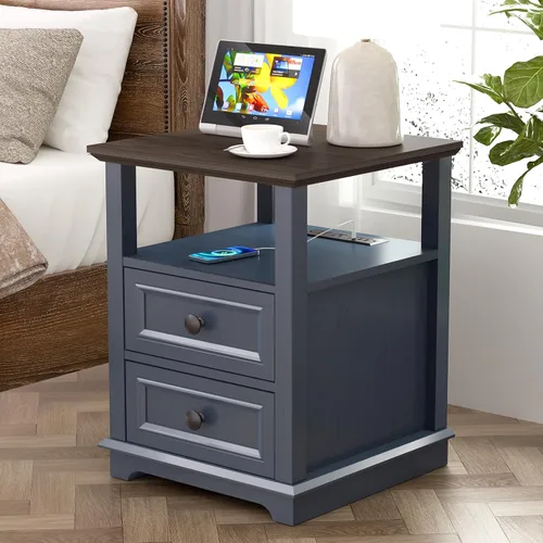 Miniatura 13 de REDAYFUR Mesa auxiliar con estación de carga rápida USB C, mesa auxiliar de sofá de 18 pulgadas de ancho con 2 cajones, gabinete de almacenamiento