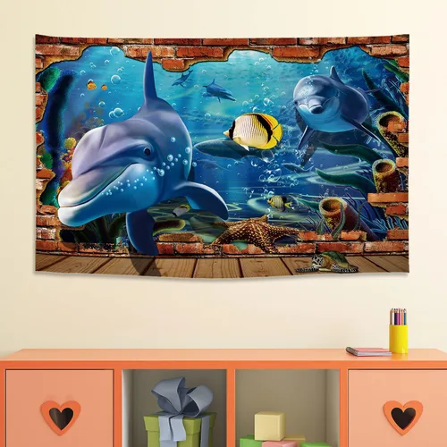 Miniatura 3 de ARTXZDZ Tapiz de delfín con efectos 3D, tapiz de animales del mundo submarino, decoración de pared para fondo de acuario bajo el mar, decoración