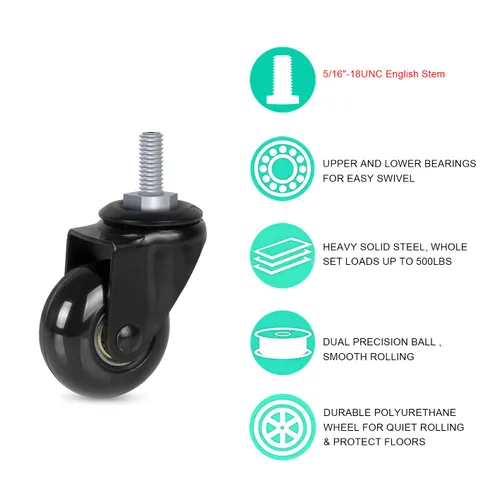 Miniatura 3 de Hirate Paquete de 5 ruedas para sillas de oficina con vástago roscado de 5/16 pulgadas a 18UNC, sillas giratorias silenciosas de 2 pulgadas, ruedas