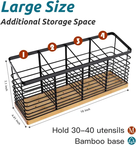 Miniatura 2 de Suli Soporte para utensilios de cocina extra grande con 4 compartimentos, soporte de metal negro mate con base de madera para encimera